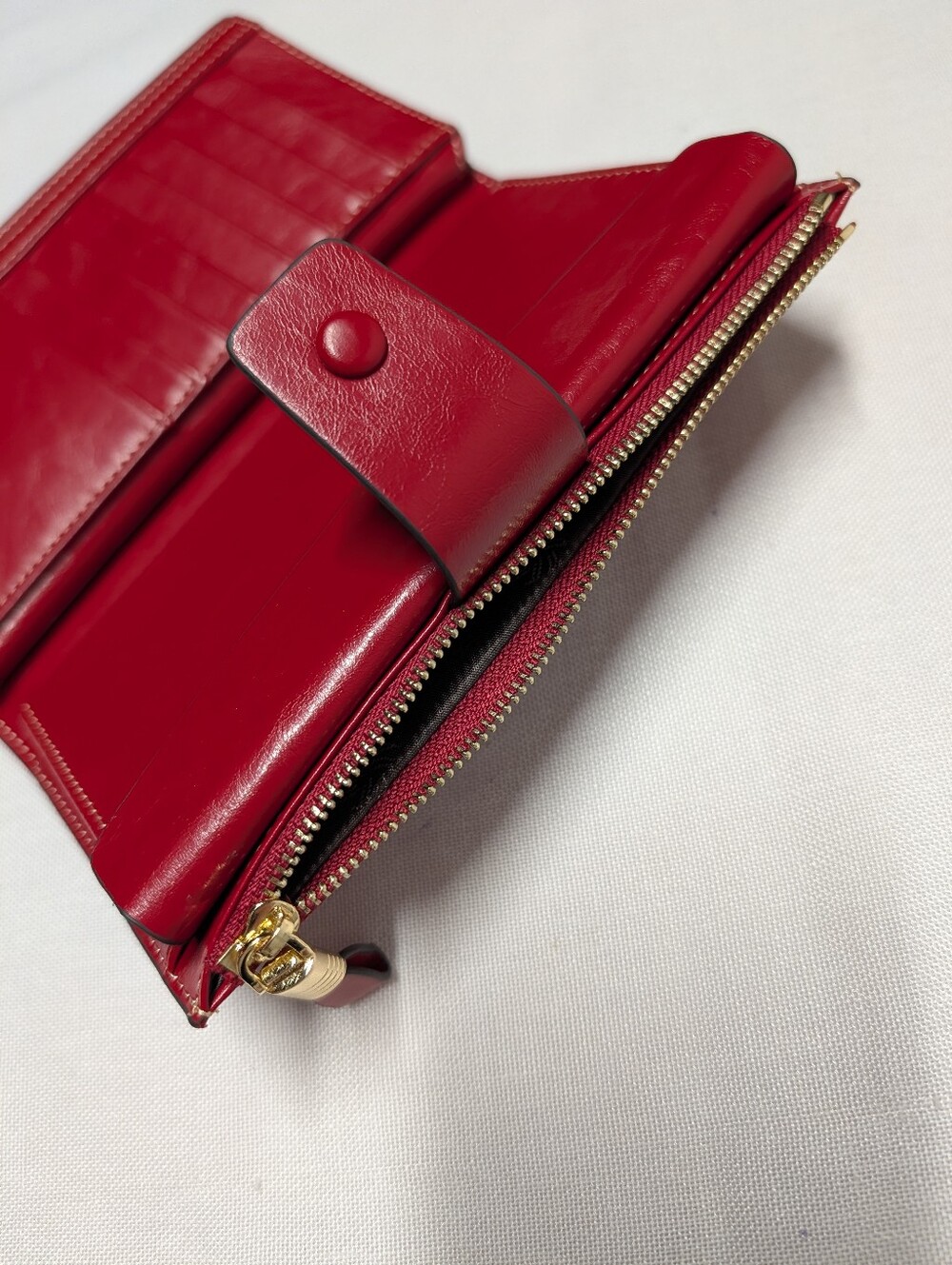 ITSLIFE Red Cowhide Leather Long Wallet Women's New in Box Gold Zip Snap Closure - Picture 8 of 10